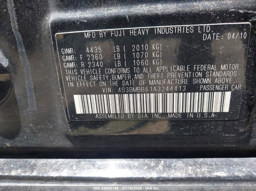 2010 Subaru Legacy 2.5I Premium VIN: 4S3BMBB61A3244413 Lot: 39865146