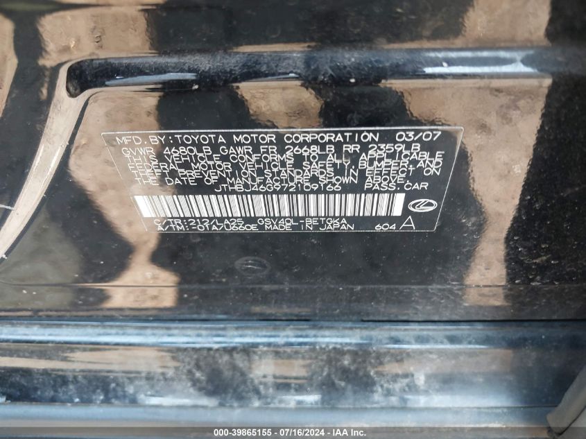 2007 Lexus Es 350 VIN: JTHBJ46G972109166 Lot: 39865155