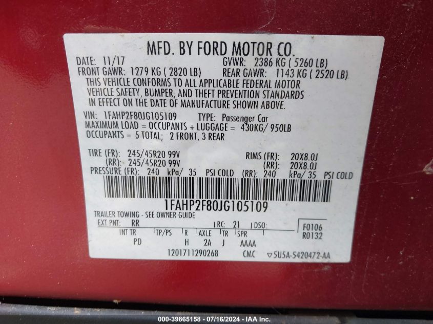 2018 Ford Taurus Limited VIN: 1FAHP2F80JG105109 Lot: 39865158