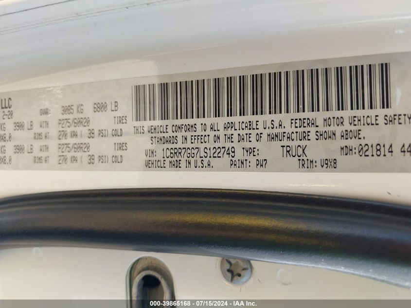 2020 Ram 1500 Classic Warlock Quad Cab 4X4 6'4 Box VIN: 1C6RR7GG7LS122749 Lot: 39865168