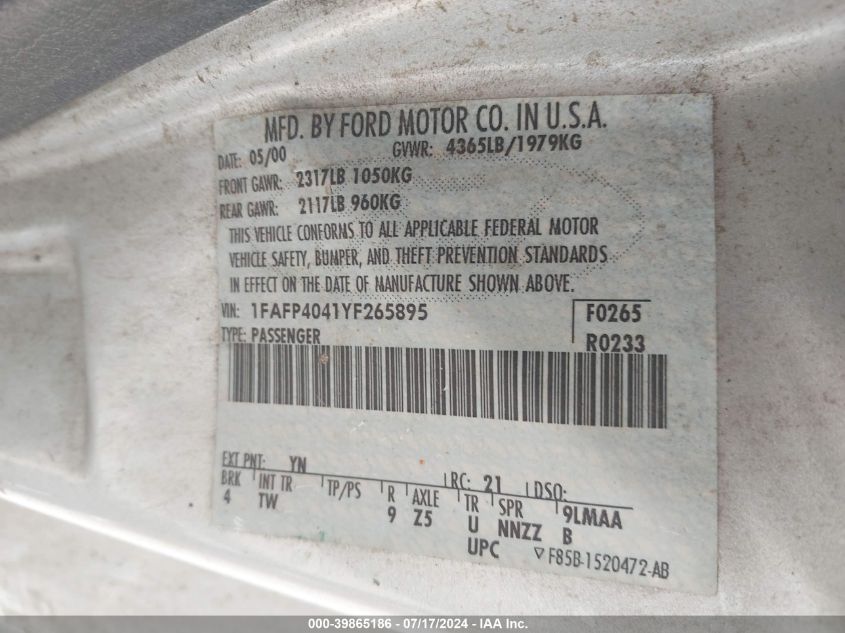 2000 Ford Mustang VIN: 1FAFP4041YF265895 Lot: 39865186