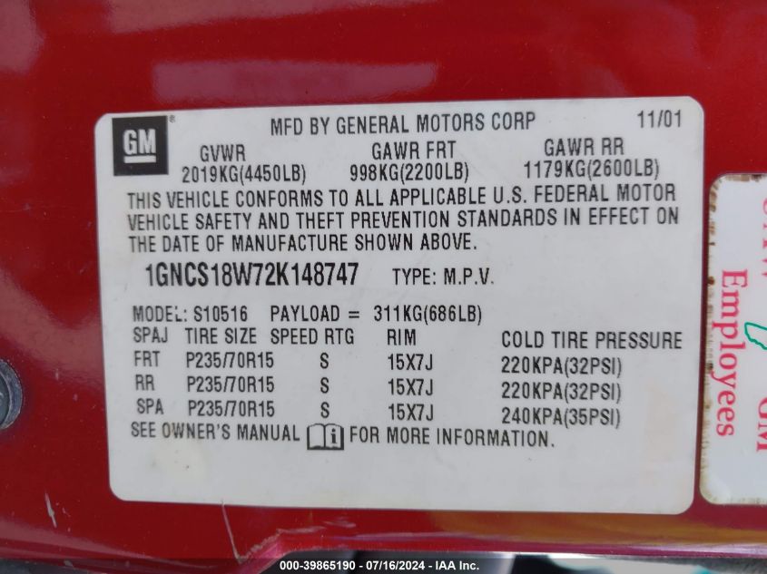 2002 Chevrolet Blazer Ls VIN: 1GNCS18W72K148747 Lot: 39865190