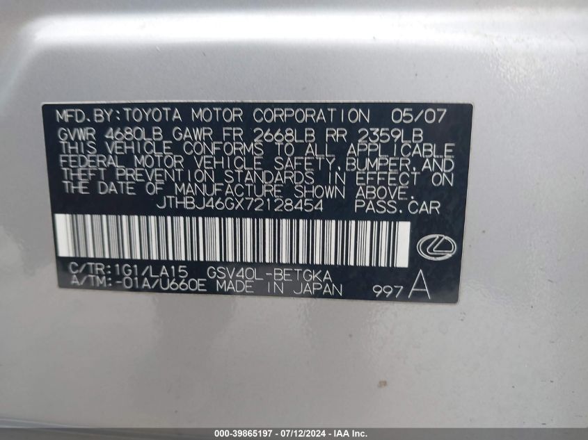 2007 Lexus Es 350 VIN: JTHBJ46GX72128454 Lot: 39865197