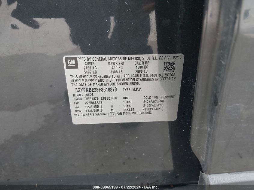 2015 Cadillac Srx Luxury Collection VIN: 3GYFNBE38FS610878 Lot: 39865199