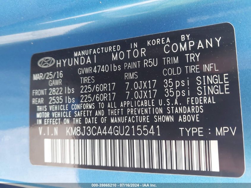2016 Hyundai Tucson Se VIN: KM8J3CA44GU215541 Lot: 39865210
