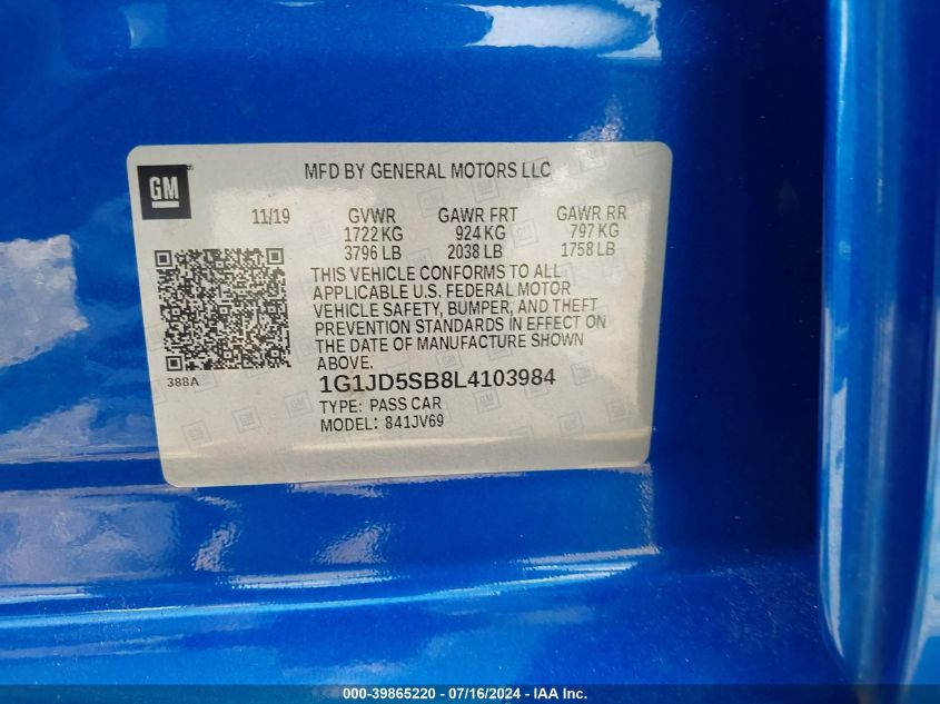 2020 Chevrolet Sonic Fwd Lt VIN: 1G1JD5SB8L4103984 Lot: 39865220