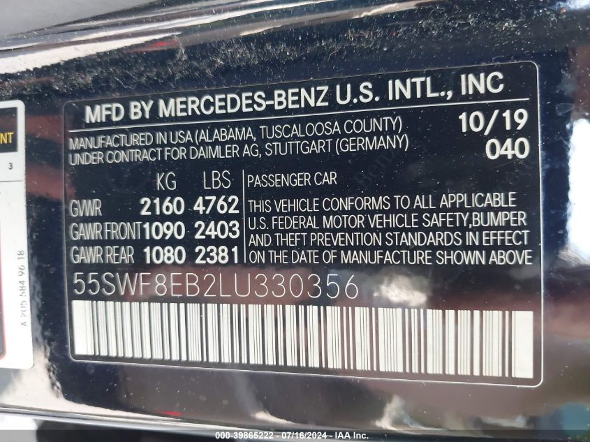 2020 Mercedes-Benz C 300 4Matic VIN: 55SWF8EB2LU330356 Lot: 39865222