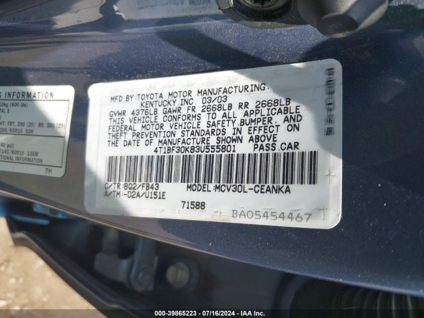 2003 Toyota Camry Le V6 VIN: 4T1BF30K83U555801 Lot: 39865223