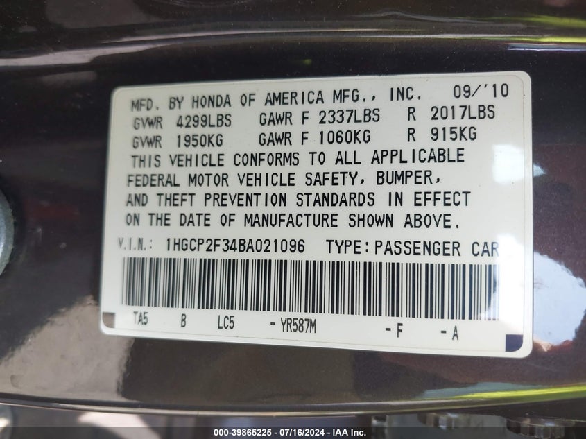 2011 Honda Accord 2.4 Lx VIN: 1HGCP2F34BA021096 Lot: 39865225