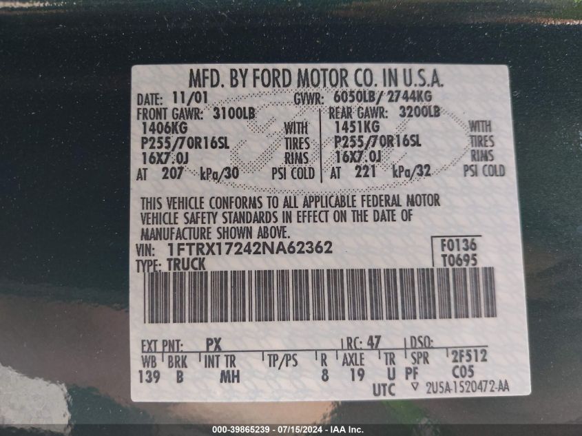 2002 Ford F150 VIN: 1FTX17242NA62362 Lot: 39865239