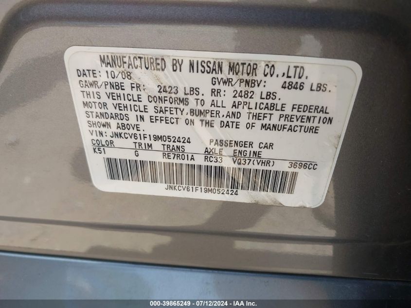 2009 Infiniti G37X VIN: JNKCV61F19M052424 Lot: 39865249