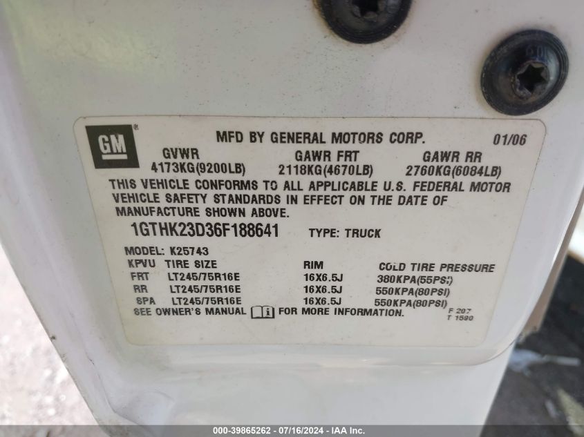 2006 GMC Sierra 2500Hd Slt VIN: 1GTHK23D36F188641 Lot: 39865262