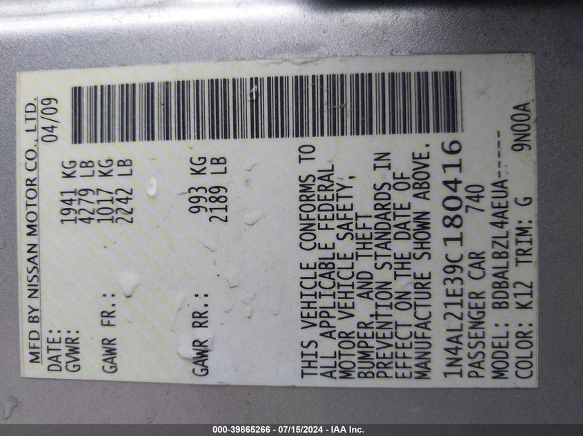 2009 Nissan Altima 2.5 S VIN: 1N4AL21E39C180416 Lot: 39865266