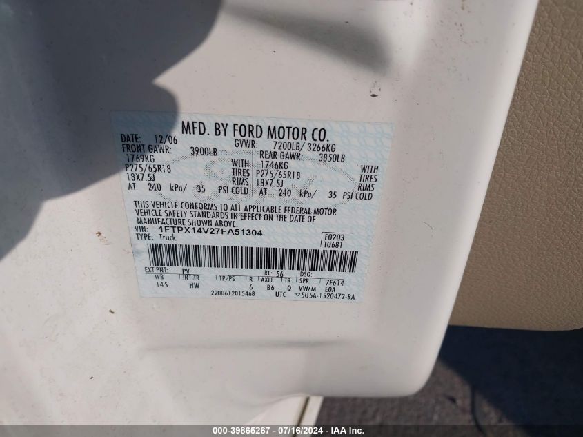 2007 Ford F-150 Fx4/Lariat/Xl/Xlt VIN: 1FTPX14V27FA51304 Lot: 39865267