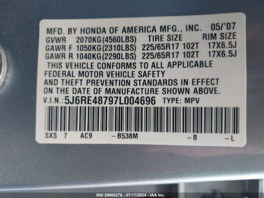 2007 Honda Cr-V Ex-L VIN: 5J6RE48797L004696 Lot: 39865276