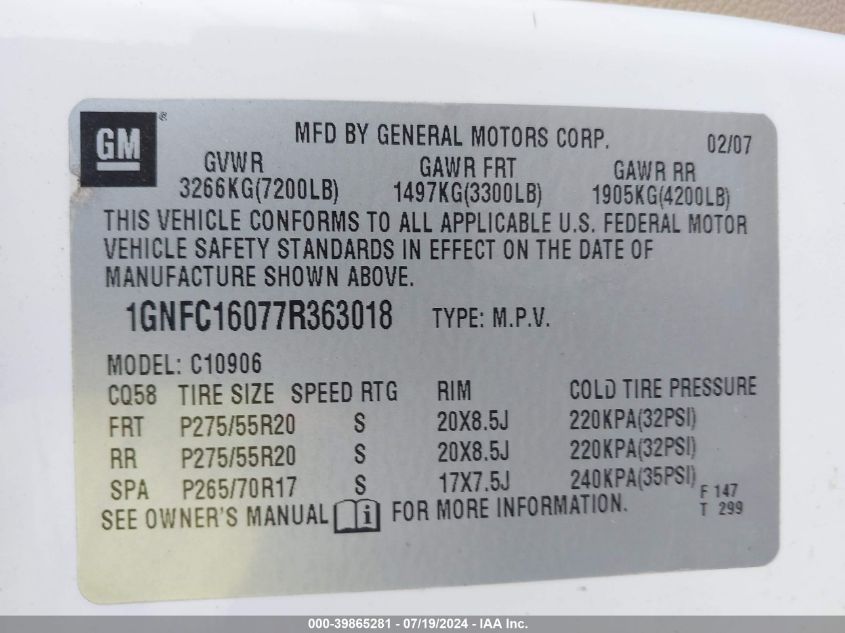 2007 Chevrolet Suburban 1500 Ltz VIN: 1GNFC16077R363018 Lot: 39865281