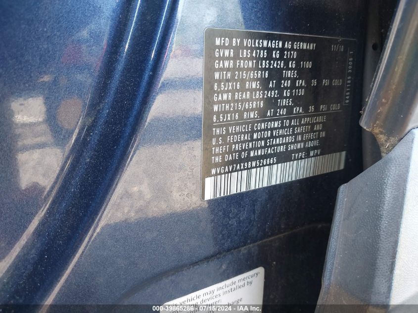 2011 Volkswagen Tiguan S VIN: WVGAV7AX9BW526665 Lot: 39865286