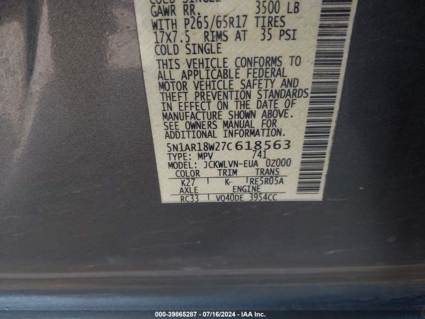 2007 Nissan Pathfinder Le/Se/Xe VIN: 5N1AR18W27C618563 Lot: 39865287