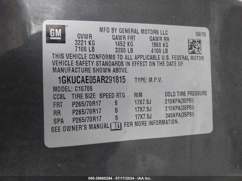 2010 GMC Yukon Sle VIN: 1GKUCAE05AR291815 Lot: 39865294