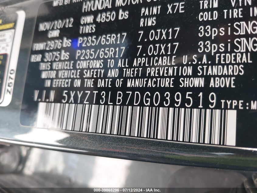 2013 Hyundai Santa Fe Sport VIN: 5XYZT3LB7DG039519 Lot: 39865296