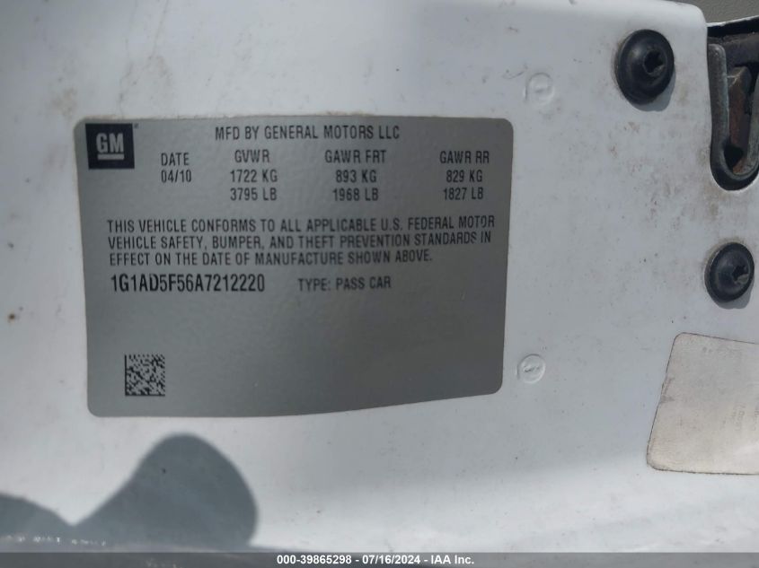 2010 Chevrolet Cobalt Lt VIN: 1G1AD5F56A7212220 Lot: 39865298