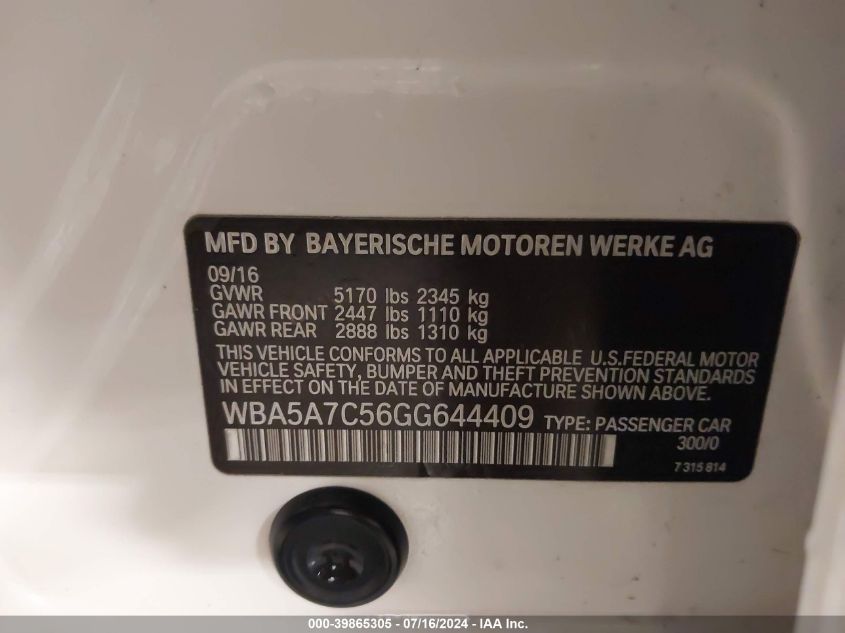 2016 BMW 528I xDrive VIN: WBA5A7C56GG644409 Lot: 39865305