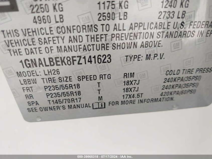 2015 Chevrolet Equinox 1Lt VIN: 1GNALBEK8FZ141623 Lot: 39865318