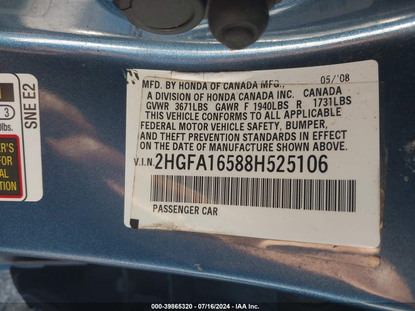 2008 Honda Civic Lx VIN: 2HGFA16588H525106 Lot: 39865320