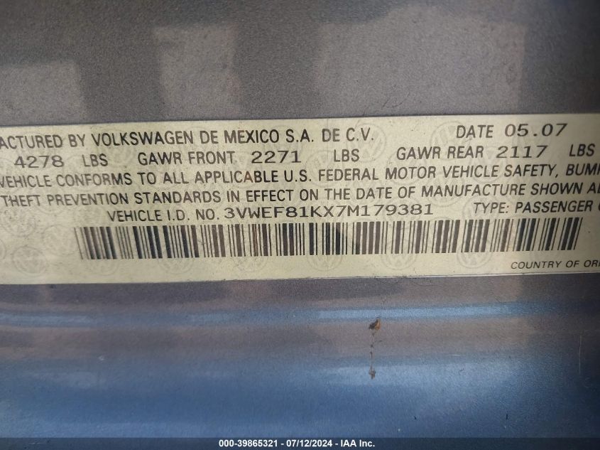 2007 Volkswagen Jetta Wolfsburg Edition VIN: 3VWEF81KX7M179381 Lot: 39865321