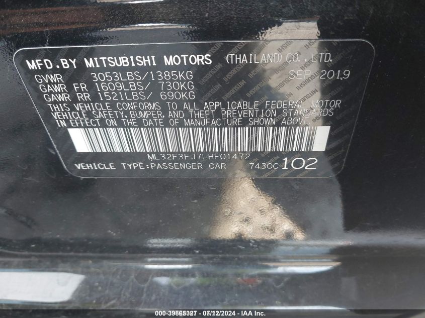 2020 Mitsubishi Mirage G4 Es VIN: ML32F3FJ7LHF01472 Lot: 39865327