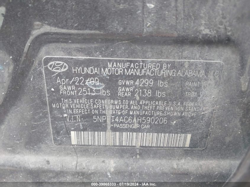 2010 Hyundai Sonata Gls VIN: 5NPET4AC6AH590206 Lot: 39865333