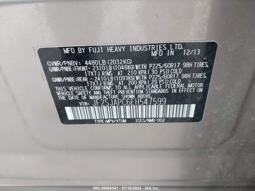 2014 Subaru Forester 2.5I Touring VIN: JF2SJAPC6EH547599 Lot: 39865341