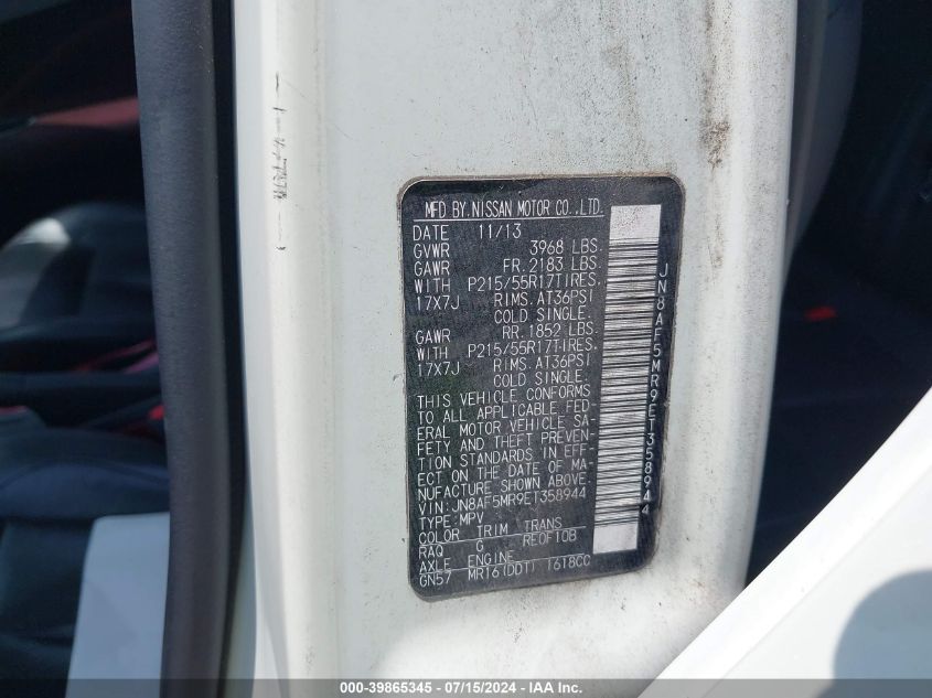 2014 Nissan Juke Sl VIN: JN8AF5MR9ET358944 Lot: 39865345