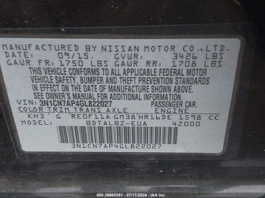 2016 Nissan Versa 1.6 S/1.6 S+/1.6 Sl/1.6 Sv VIN: 3N1CN7AP4GL822027 Lot: 39865351