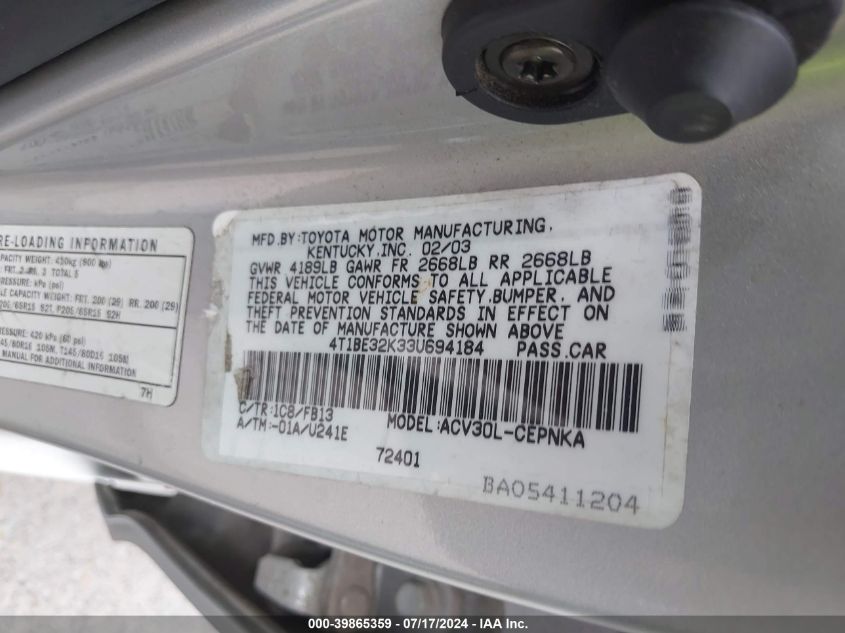 2003 Toyota Camry Le VIN: 4T1BE32K33U694184 Lot: 39865359