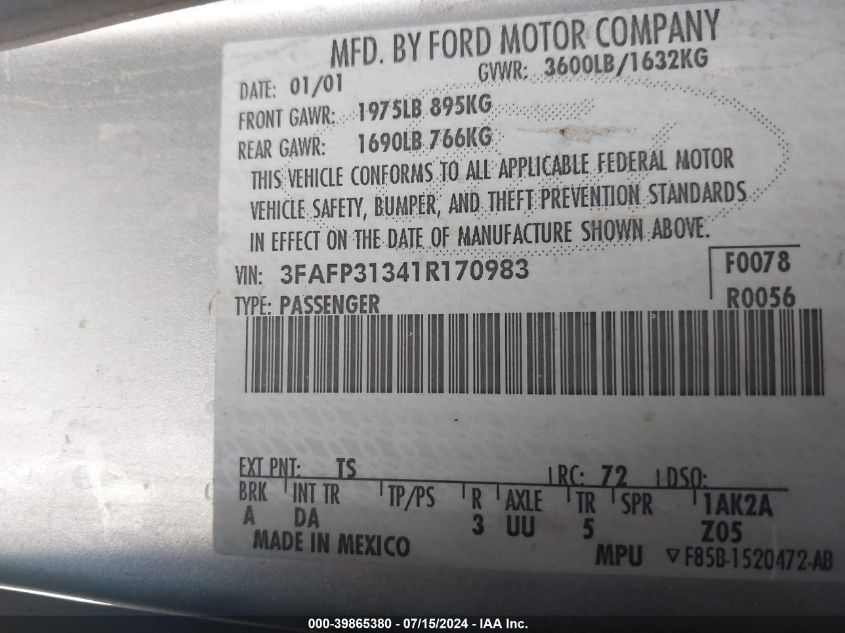 3FAFP31341R170983 2001 Ford Focus Zx3