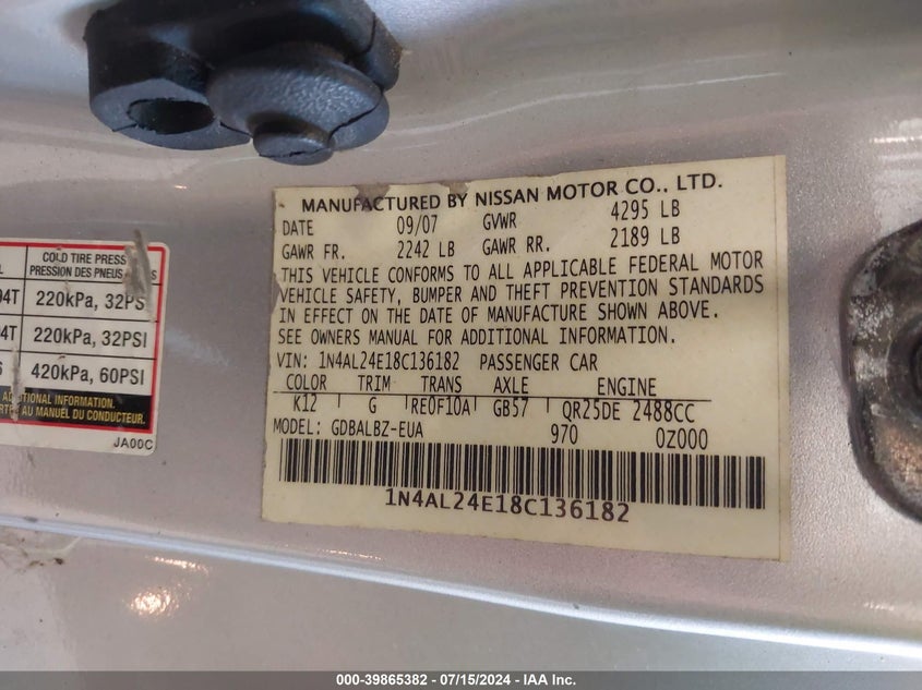 2008 Nissan Altima 2.5 S VIN: 1N4AL24E18C136182 Lot: 39865382