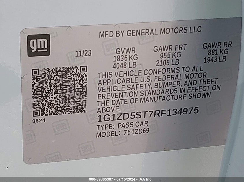 2024 Chevrolet Malibu Lt VIN: 1G1ZD5ST7RF134975 Lot: 39865387