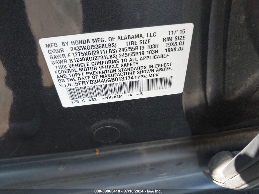 2016 Acura Mdx Technology Acurawatch Plus Packages/Technology Package VIN: 5FRYD3H45GB013174 Lot: 39865418