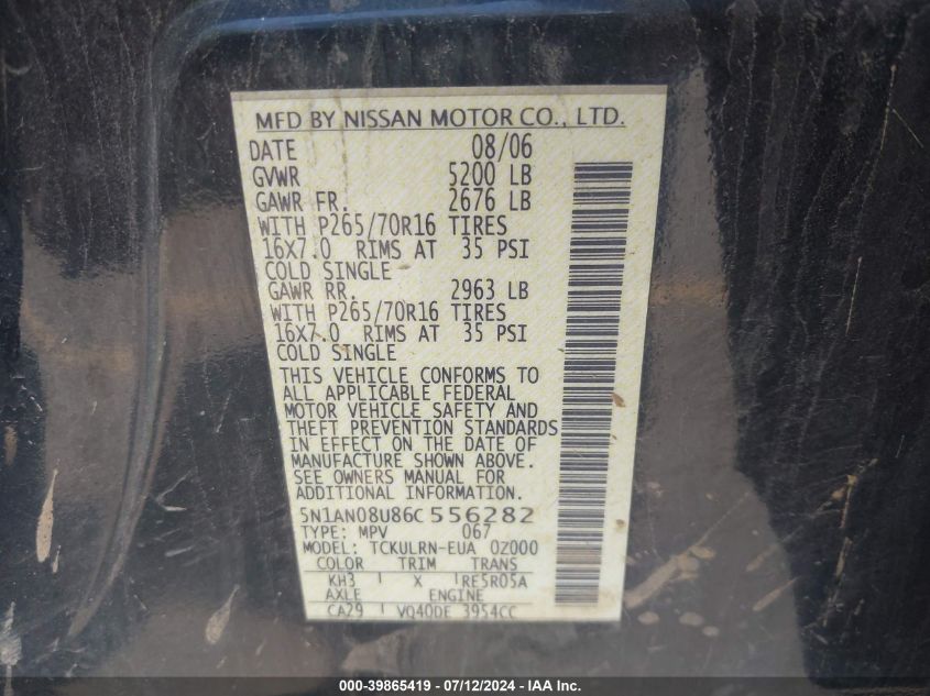 2006 Nissan Xterra S VIN: 5N1AN08U86C556282 Lot: 39865419