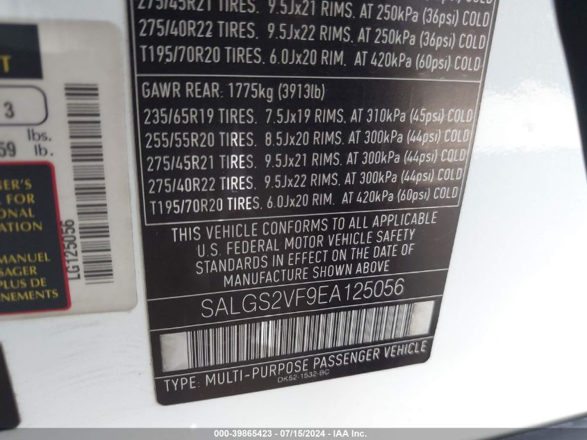 2014 Land Rover Range Rover 3.0L V6 Supercharged Hse VIN: SALGS2VF9EA125056 Lot: 39865423