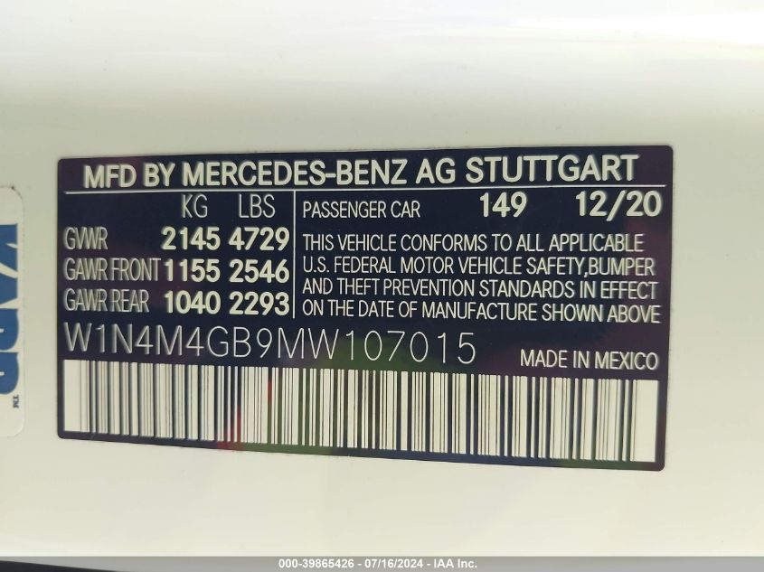 2021 Mercedes-Benz Glb 250 VIN: W1N4M4GB9MW107015 Lot: 39865426