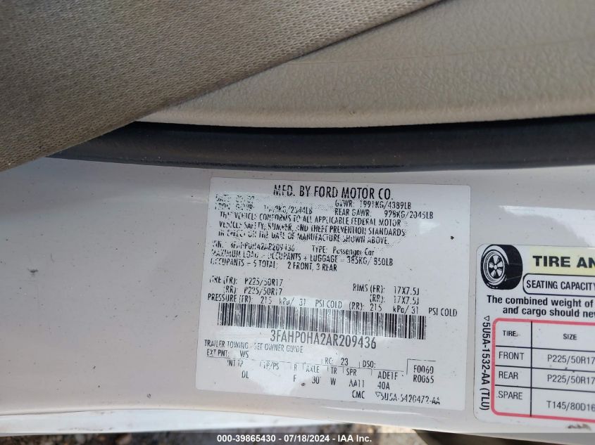 2010 Ford Fusion Se VIN: 3FAHP0HA2AR209436 Lot: 39865430