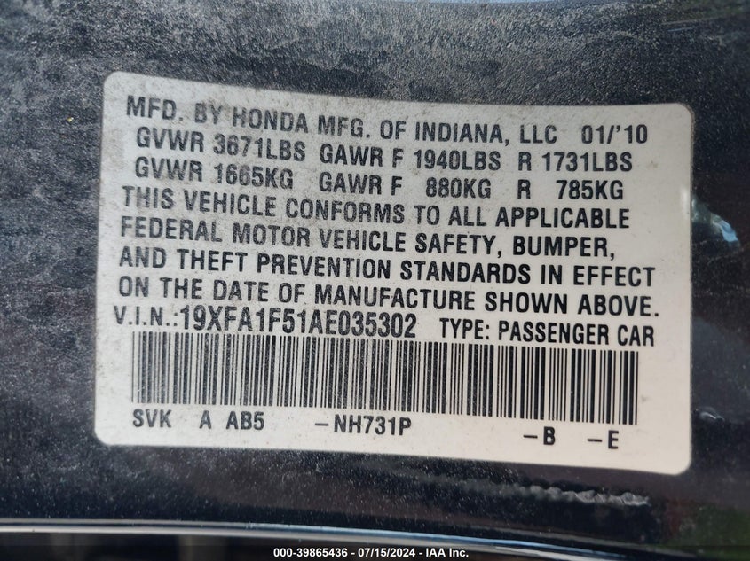2010 Honda Civic Lx VIN: 19XFA1F51AE035302 Lot: 39865436