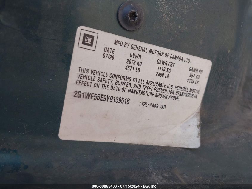 2000 Chevrolet Impala VIN: 2G1WF55E9Y9139516 Lot: 39865438