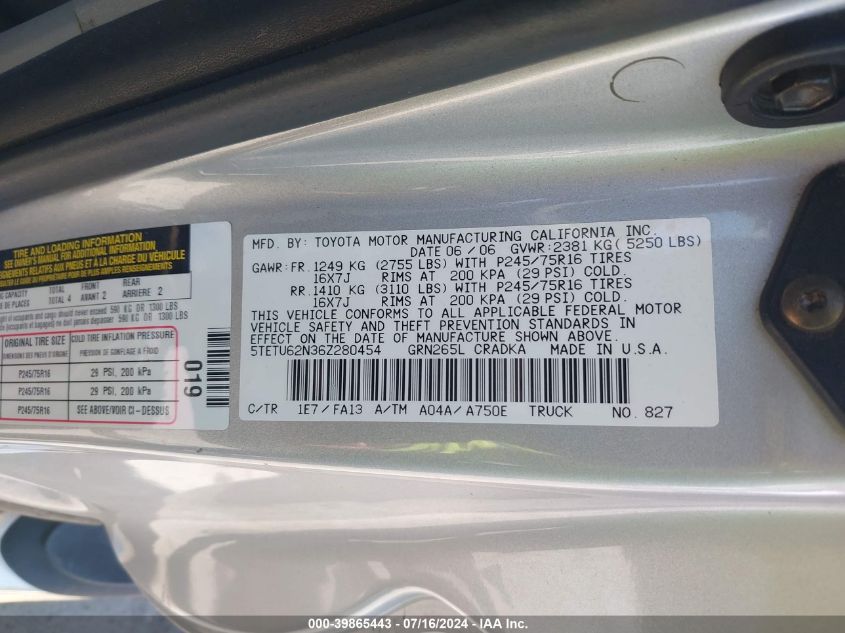 2006 Toyota Tacoma Prerunner Access Cab VIN: 5TETU62N36Z280454 Lot: 39865443
