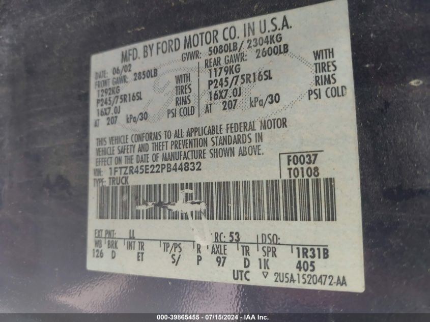 2002 Ford Ranger Edge/Xlt VIN: 1FTZR45E22PB44832 Lot: 39865455