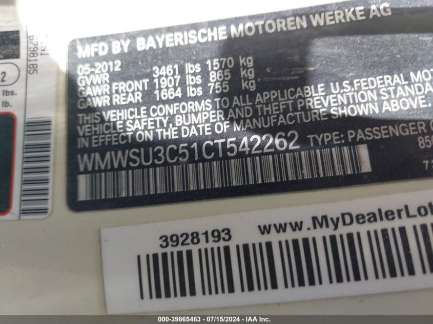 2012 Mini Cooper VIN: WMWSU3C51CT542262 Lot: 39865483