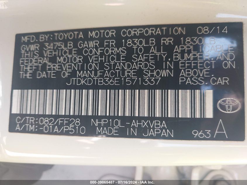 2014 Toyota Prius C VIN: JTDKDTB36E1571337 Lot: 39865487