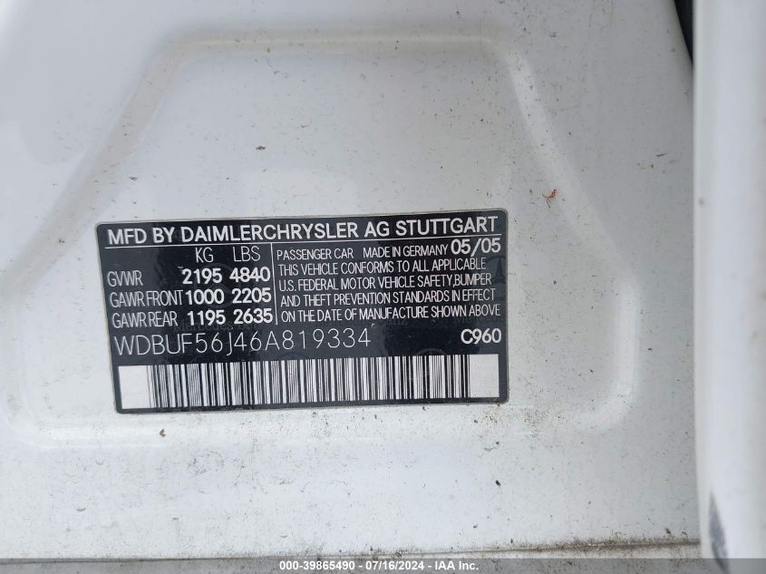 2006 Mercedes-Benz E 350 VIN: WDBUF56J46A819334 Lot: 39865490